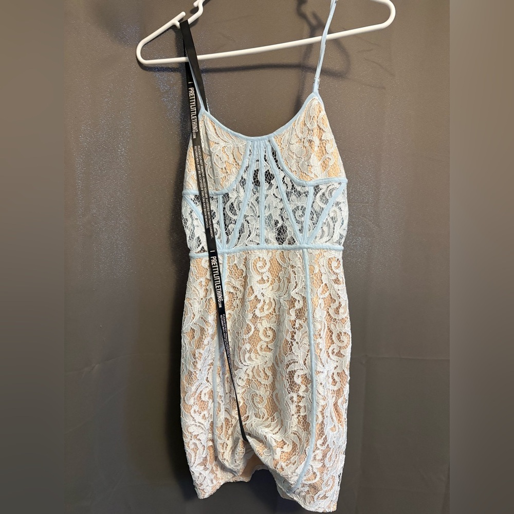 Dusty Blue Lace Strappy Panelled Bodycon Dress by Pretty Little Thing